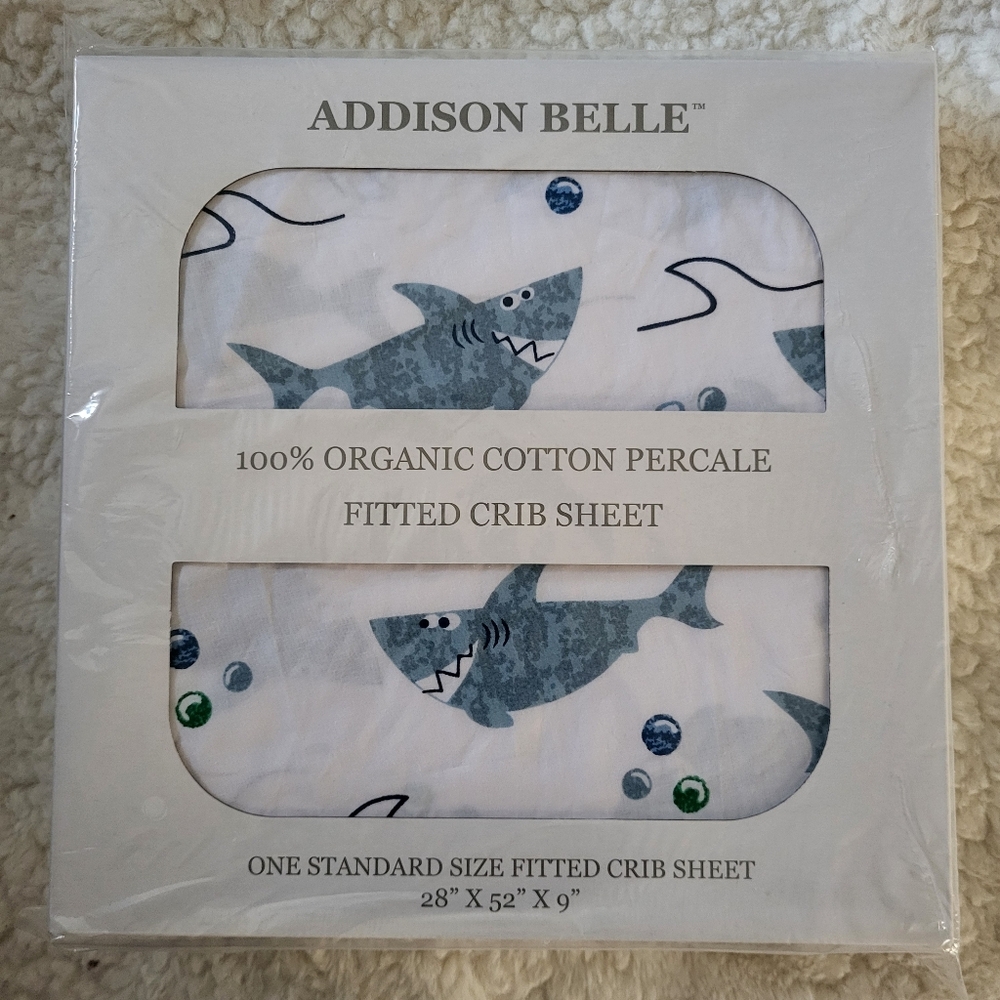 ADDISON BELLE 100% Organic Cotton Percale Fitted Crib Sheet Shark Pattern NEW